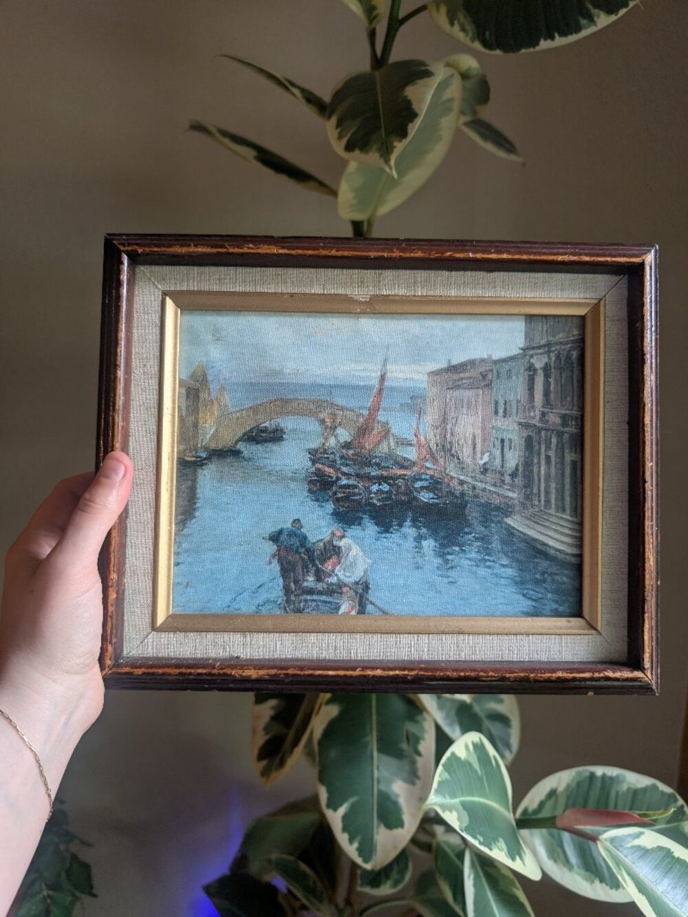 Small Vintage Marina di Chioggia Oil Painting Print on Canvas Wood Framed